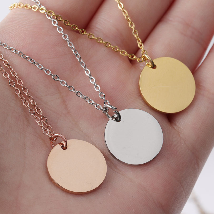 Cross border mirror stainless steel disc pendant necklace DIY engravable circular disc short necklace collarbone necklace