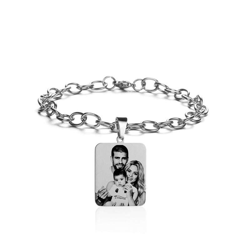 European and American creative couple titanium steel bracelet, peach heart circle brand engraved texture bracelet, DIY laser engraved square brand foot chain