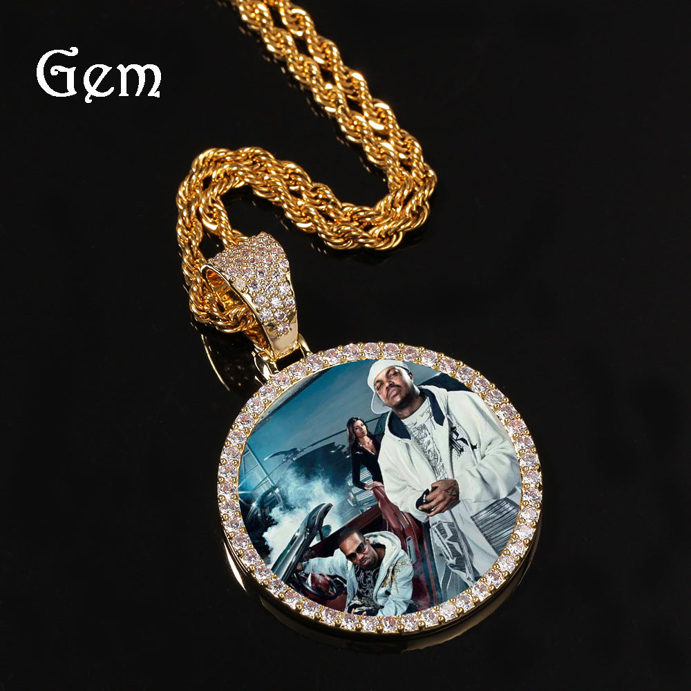 European and American Hip Hop Personalized Photo Pendant Copper Inlaid Zircon Solid DIY Creative Photo Necklace Cross border Jewelry
