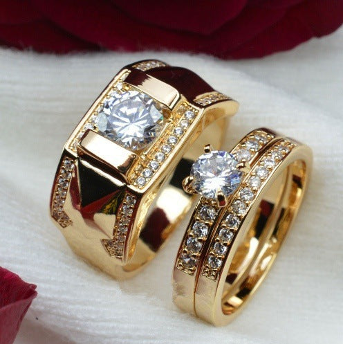 Hot selling gold plated couple diamond studded rings, European and American fashionable men's and women's popular ring sets, ring accessories
