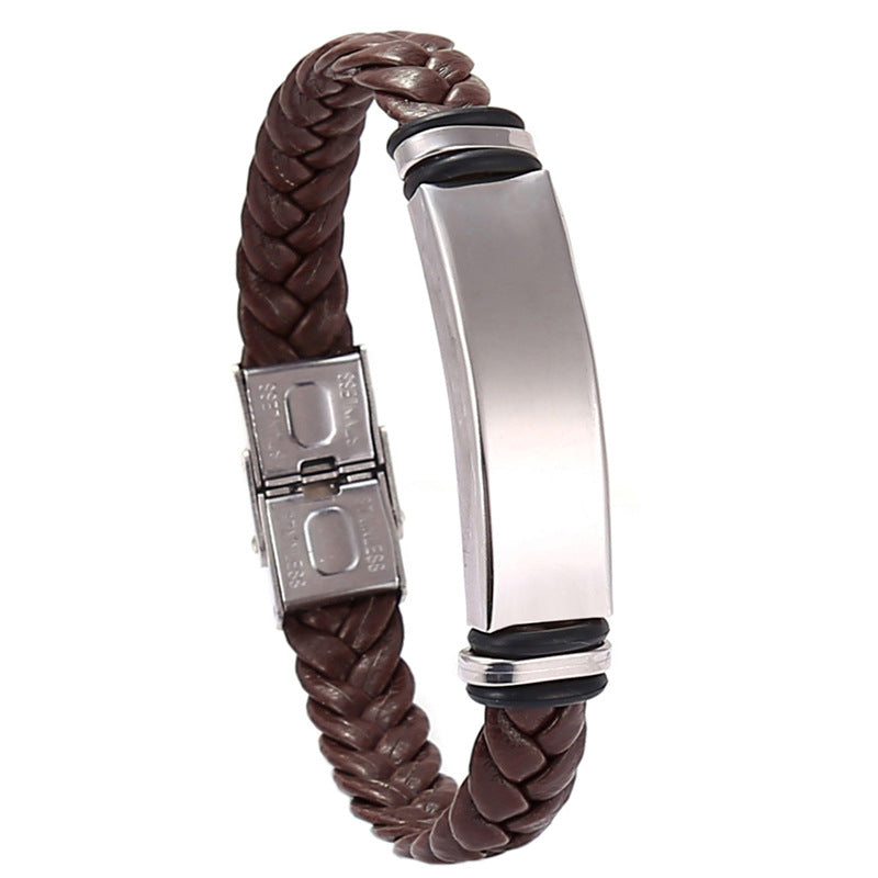 Cross border European and American stainless steel simple bracelet, light plate engraved leather woven bracelet, men's bracelet