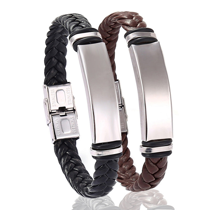 Cross border European and American stainless steel simple bracelet, light plate engraved leather woven bracelet, men's bracelet