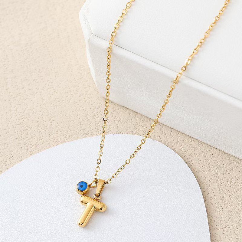 Personalized letter eye necklace, simple stainless steel collarbone chain, English letter pendant