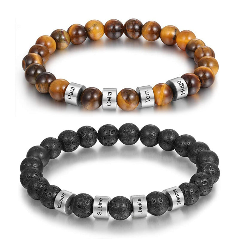 Stainless steel engraved bracelet 8mm natural tiger eye stone volcanic stone custom name bracelet men's Father's Day bracelet
