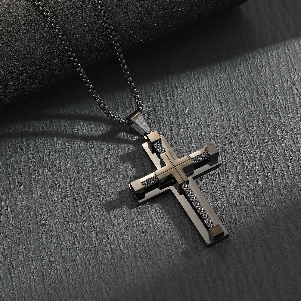 Hot selling stainless steel necklace, men's classic retro accessory necklace, personalized neutral style creative accessory, cross pendant