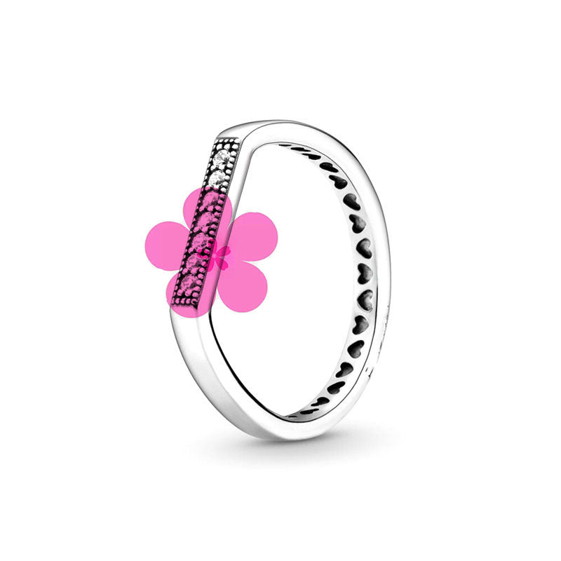 New style white copper plated 925 silver inlaid with diamonds, pink heart-shaped butterfly, simple rose, fashionable ring