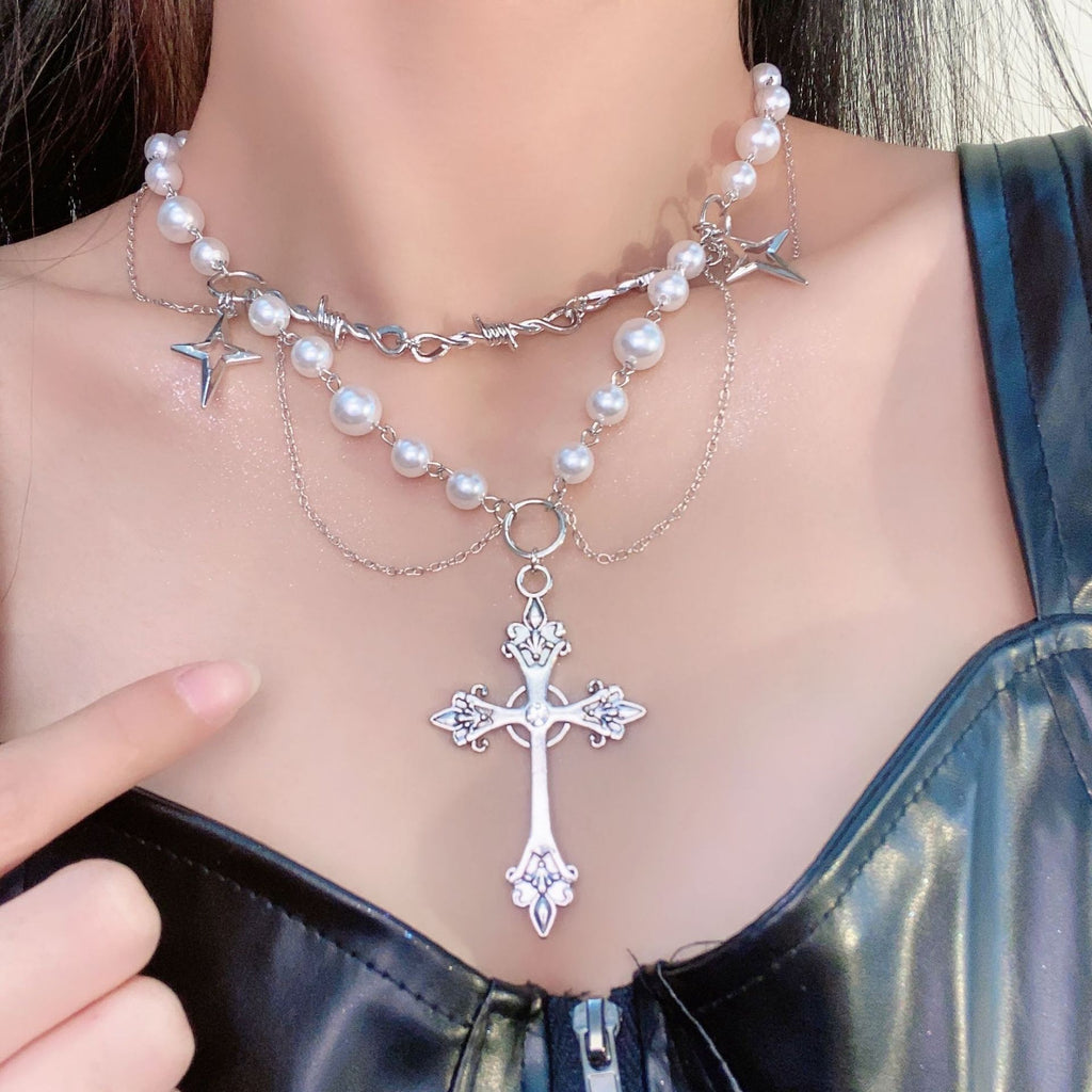 European and American cross heavy industry pearl necklace, dark gothic style multi-layer layered necklace, niche design accessory