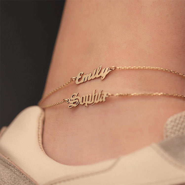 Hot selling personalized DIY stainless steel name engraved ankle chain with classic Cuban chain and electroplated women's ankle chain in English characters