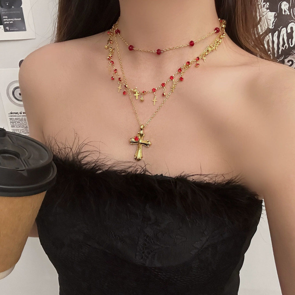 European and American cross heavy industry pearl necklace, dark gothic style multi-layer layered necklace, niche design accessory