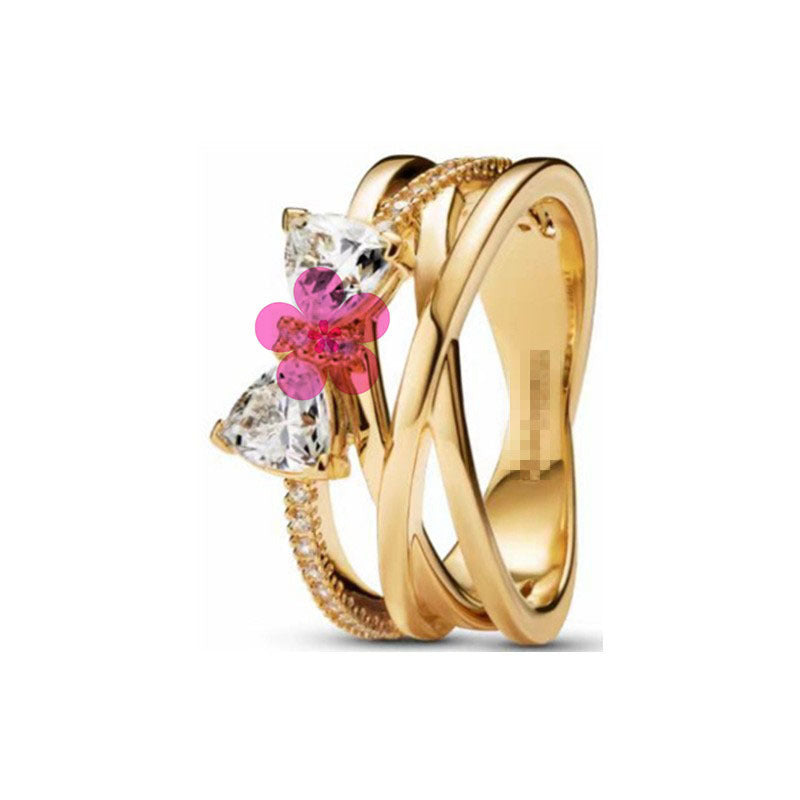 New style white copper plated 925 silver inlaid with diamonds, pink heart-shaped butterfly, simple rose, fashionable ring