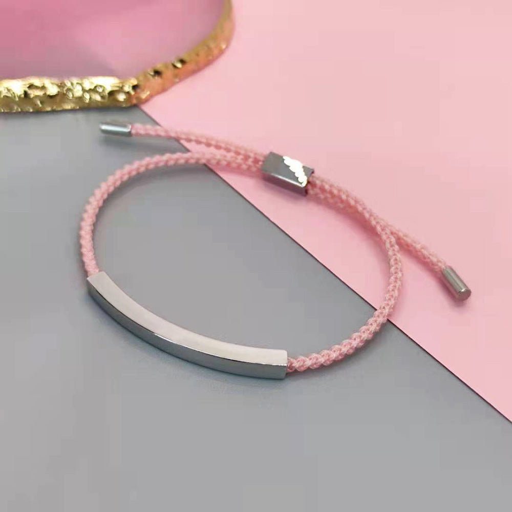 Design sense: titanium steel niche couple bracelet with adjustable braided rope, stainless steel bent tube bracelet, ins with engraved characters