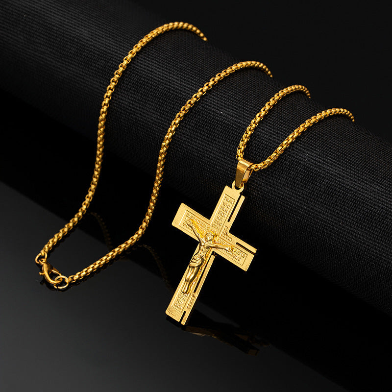 European and American relief letter carving cross titanium steel necklace for men and women, trendy, cool, light luxury, high-end sweater chain