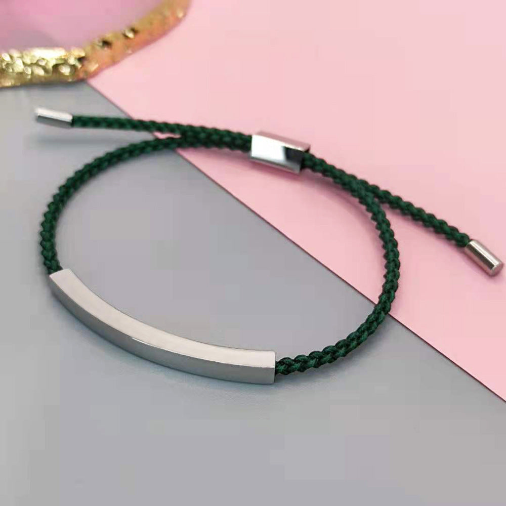Design sense: titanium steel niche couple bracelet with adjustable braided rope, stainless steel bent tube bracelet, ins with engraved characters