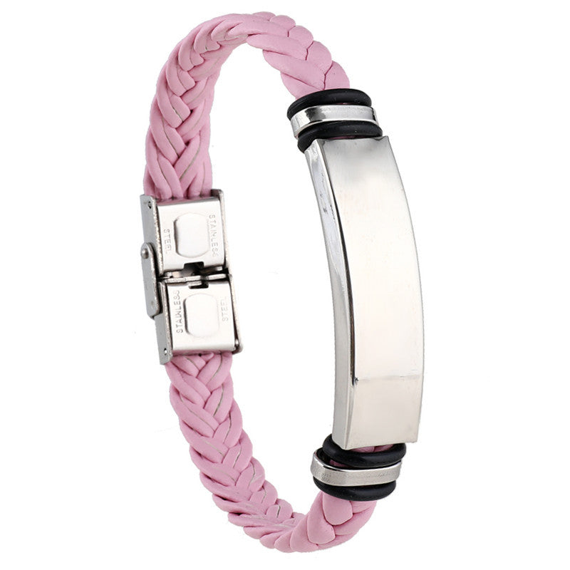 Cross border European and American stainless steel simple bracelet, light plate engraved leather woven bracelet, men's bracelet
