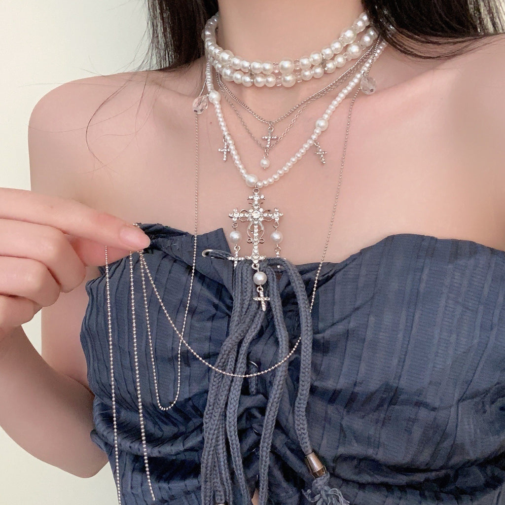 European and American cross heavy industry pearl necklace, dark gothic style multi-layer layered necklace, niche design accessory