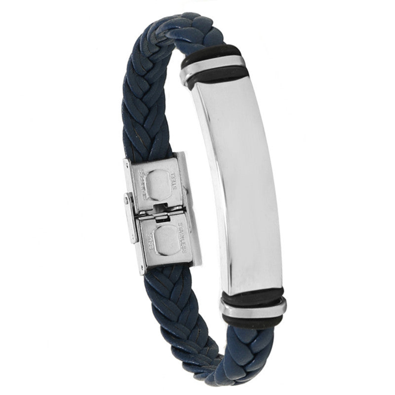 Cross border European and American stainless steel simple bracelet, light plate engraved leather woven bracelet, men's bracelet