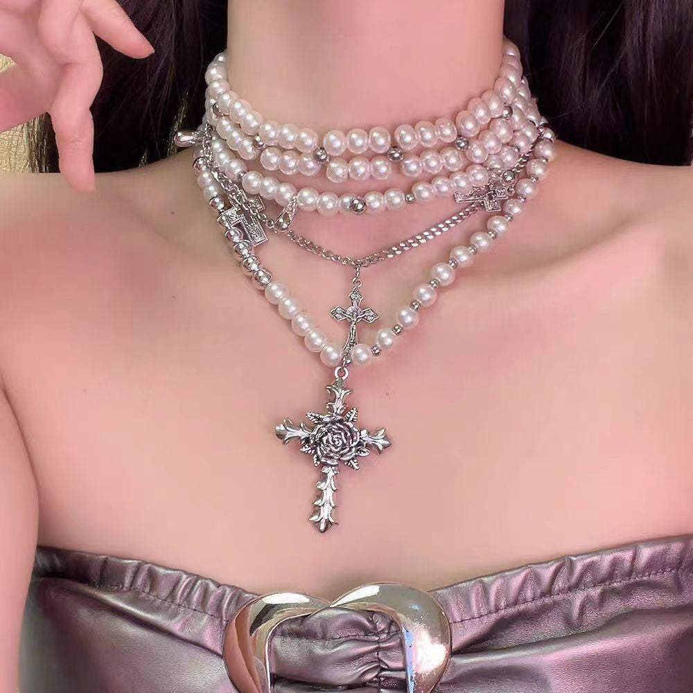 European and American cross heavy industry pearl necklace, dark gothic style multi-layer layered necklace, niche design accessory