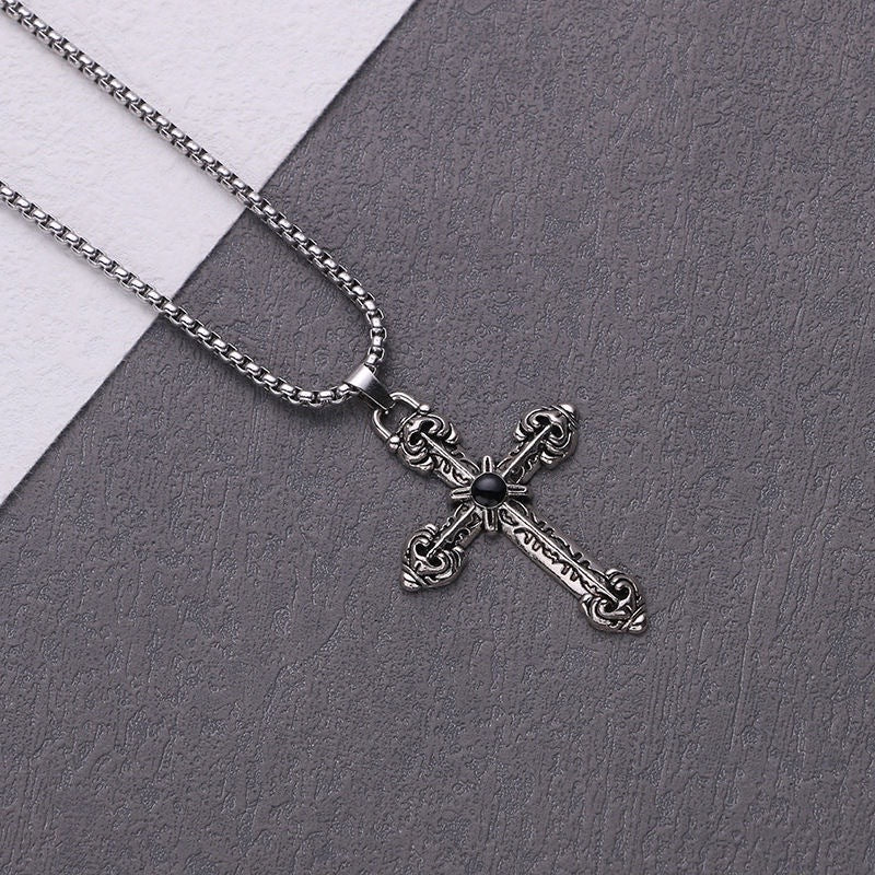 European and American jewelry, diamond necklace, cross pendant, simple retro versatile men's accessories, sweater chain