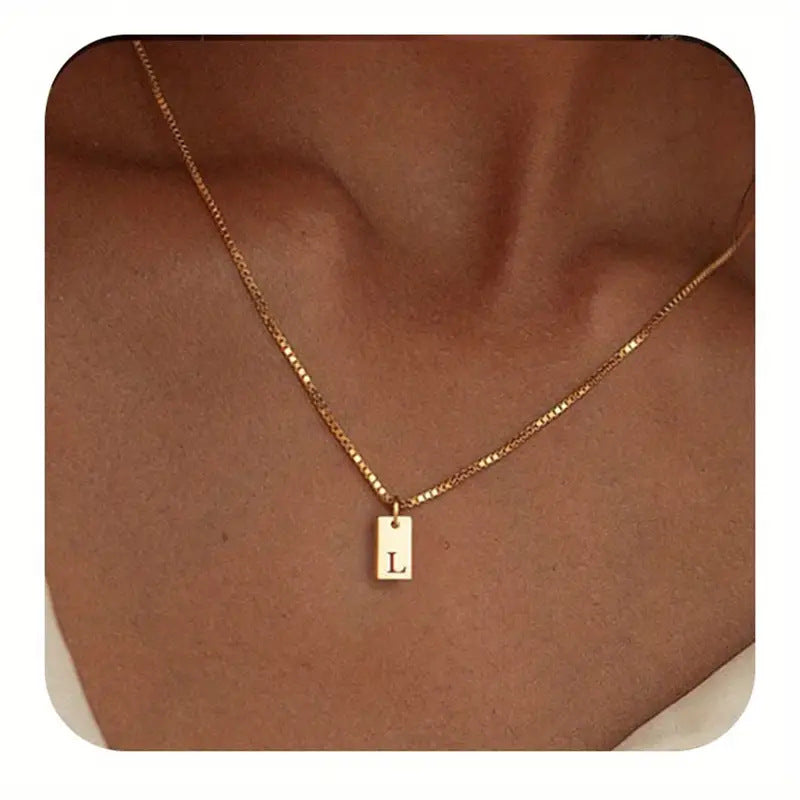 Geometric Metal Carving 26 English Letter Square Pendant Women's Necklace Copper Plated 14K Gold