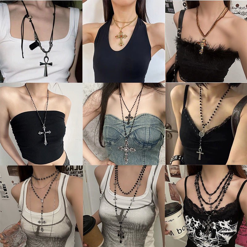 European and American cross heavy industry pearl necklace, dark gothic style multi-layer layered necklace, niche design accessory