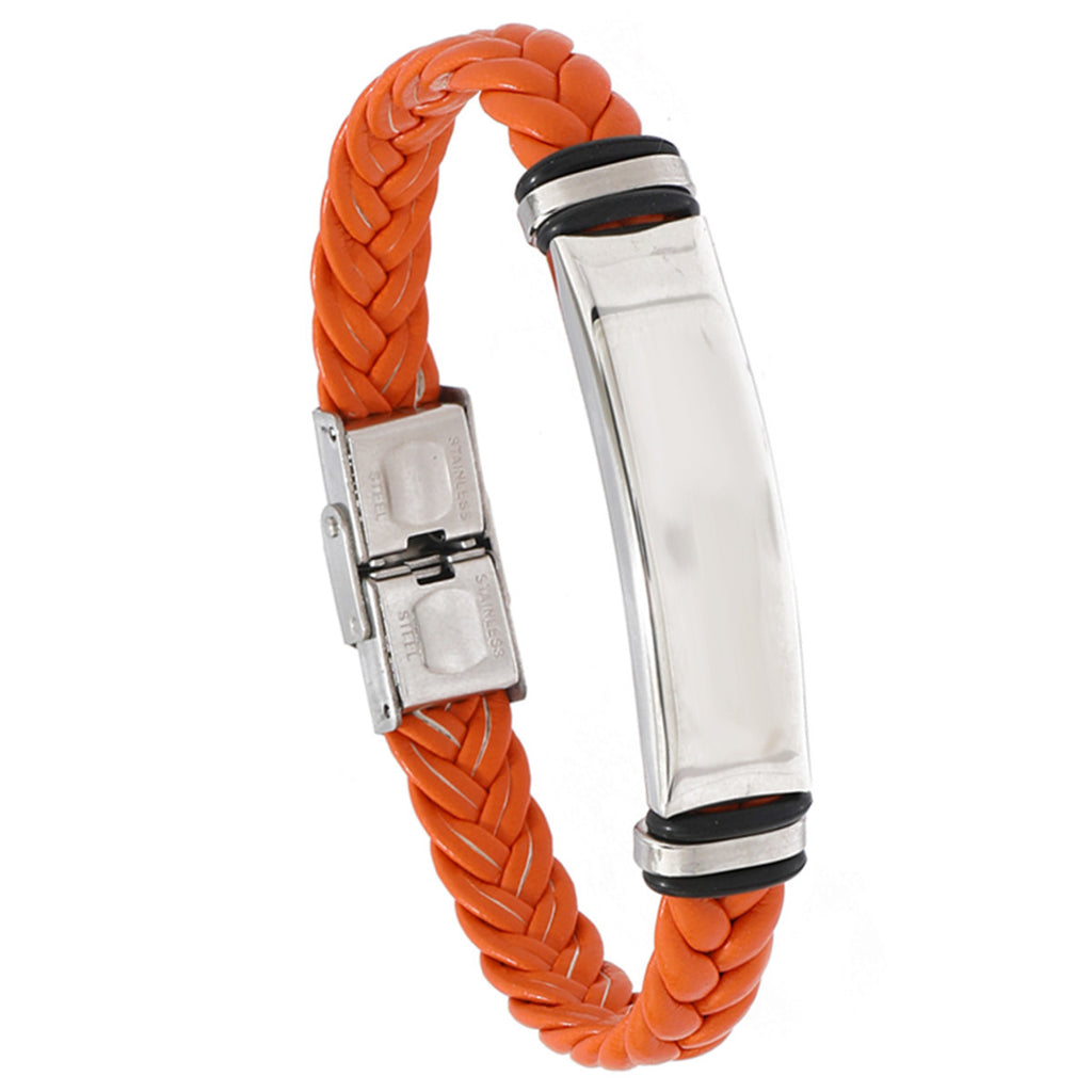 Cross border European and American stainless steel simple bracelet, light plate engraved leather woven bracelet, men's bracelet