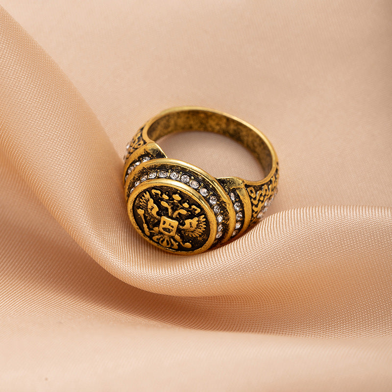 European and American style men's wide retro ring badge carved pattern ring fashionable personality trendy cool hand jewelry
