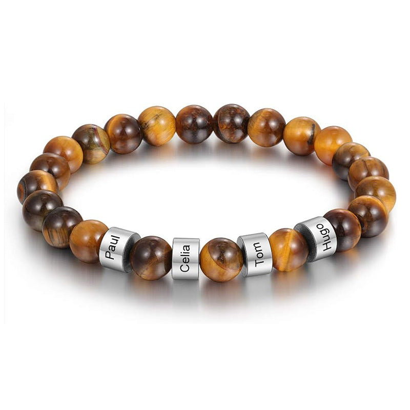 Stainless steel engraved bracelet 8mm natural tiger eye stone volcanic stone custom name bracelet men's Father's Day bracelet