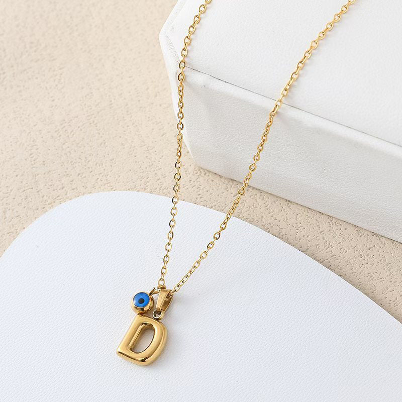 Personalized letter eye necklace, simple stainless steel collarbone chain, English letter pendant