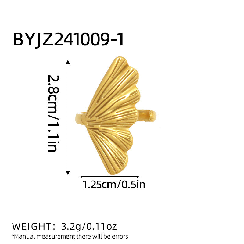 French retro fashion design with large leaf carving and adjustable opening, creative leaf stainless steel ring