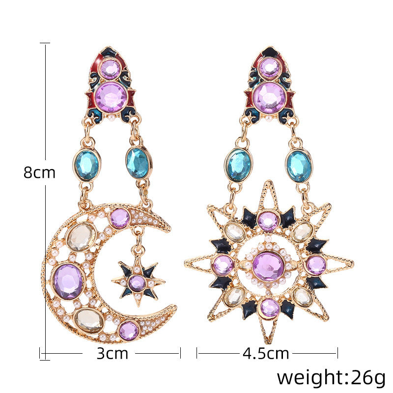 New European and American earrings, luxurious cat eye stone earrings with diamonds, sun and moon god shaped asymmetrical earrings