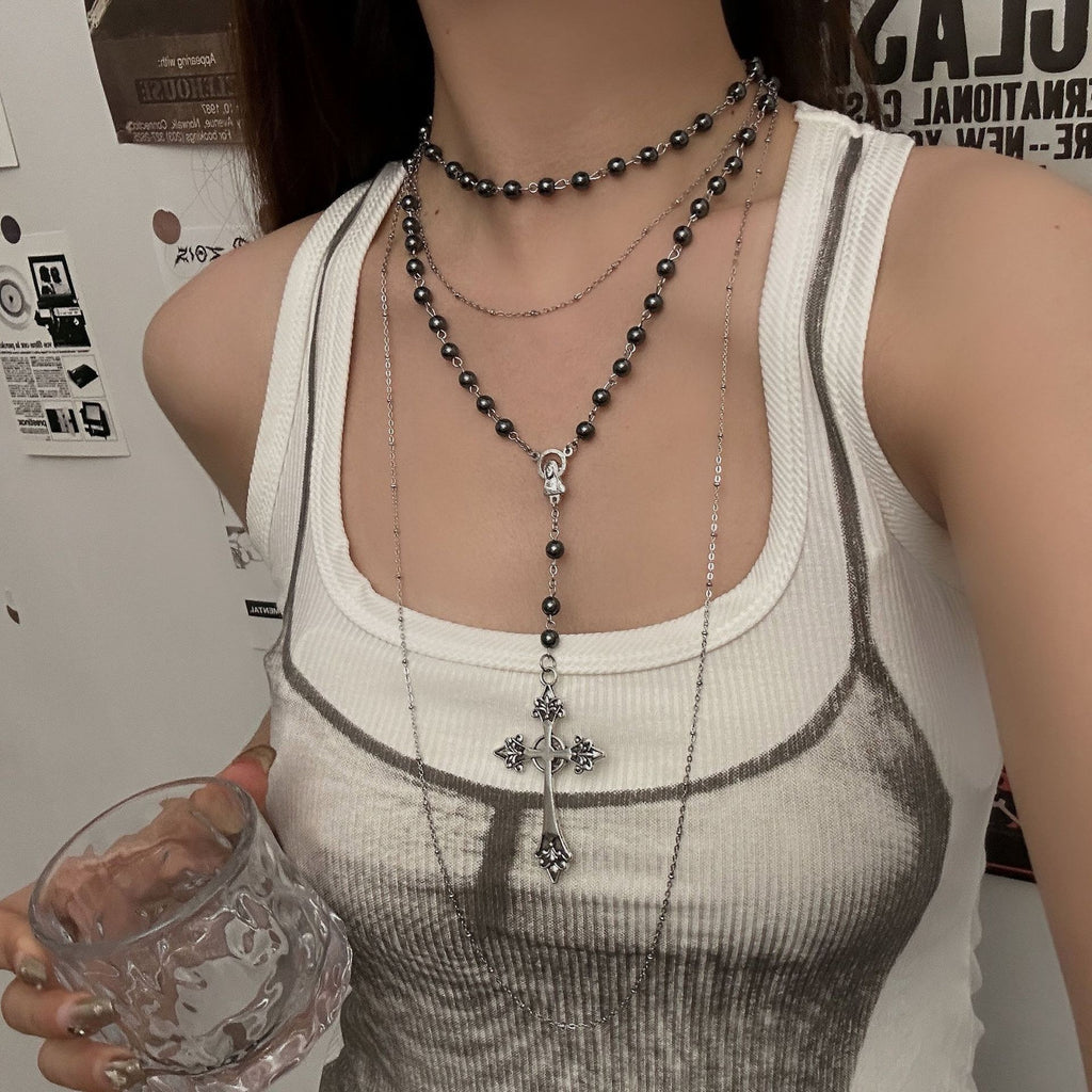 European and American cross heavy industry pearl necklace, dark gothic style multi-layer layered necklace, niche design accessory