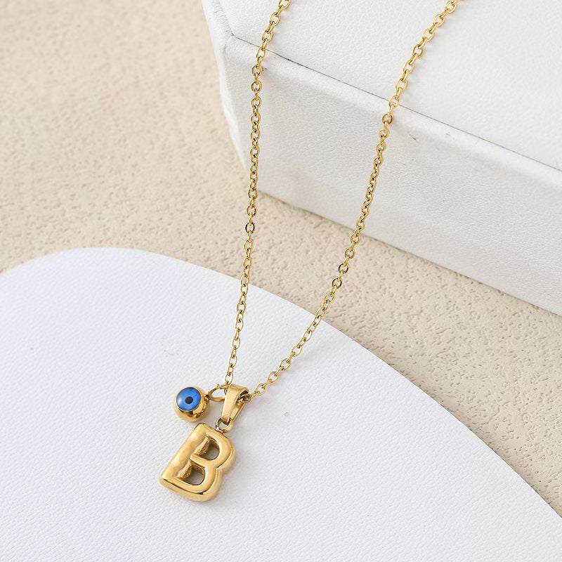 Personalized letter eye necklace, simple stainless steel collarbone chain, English letter pendant