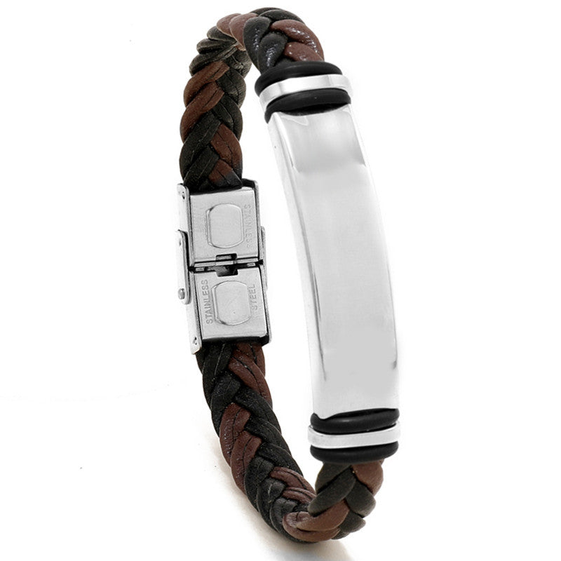 Cross border European and American stainless steel simple bracelet, light plate engraved leather woven bracelet, men's bracelet