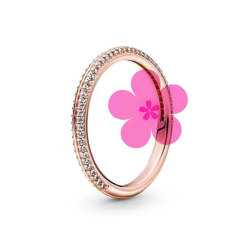 New style white copper plated 925 silver inlaid with diamonds, pink heart-shaped butterfly, simple rose, fashionable ring