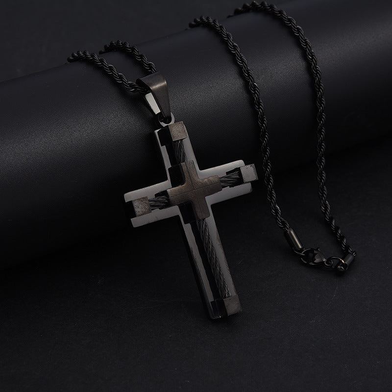 Hot selling stainless steel necklace, men's classic retro accessory necklace, personalized neutral style creative accessory, cross pendant