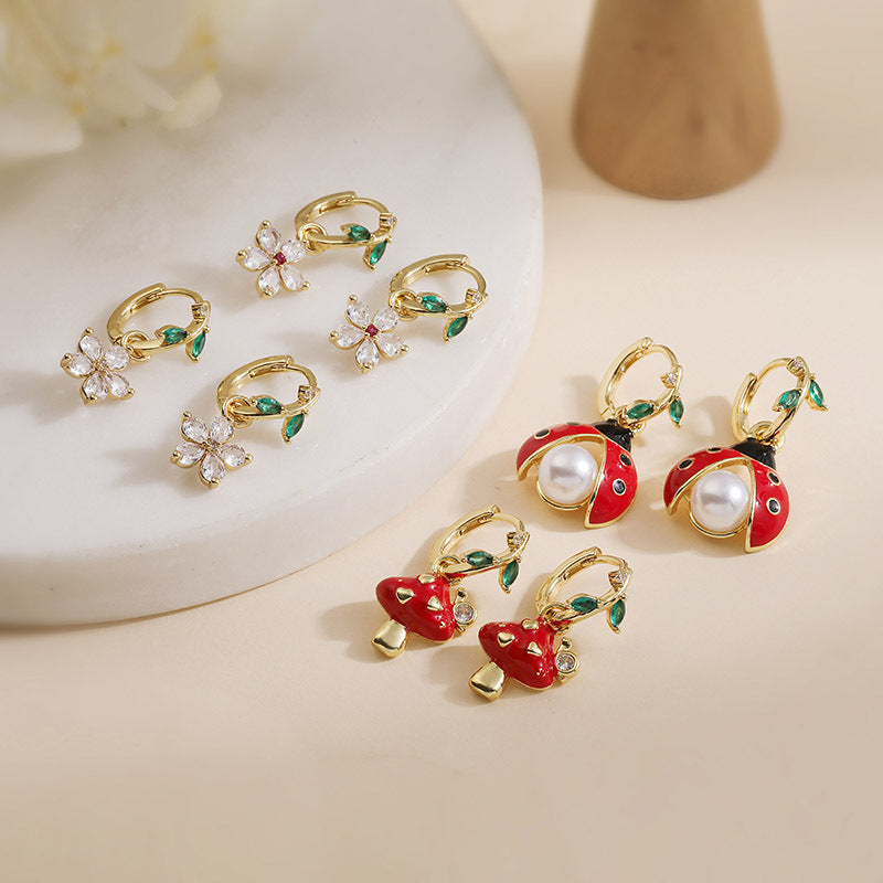 Three dimensional copper inlaid with pearls, colorful seven star ladybug earrings, fresh and sweet mushroom five petal flower ear clasp, ear ring