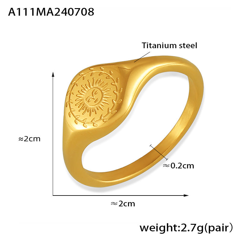 Hot selling European and American style sun patterned carved goddess statue ring with simple retro design titanium steel plated with 18k gold