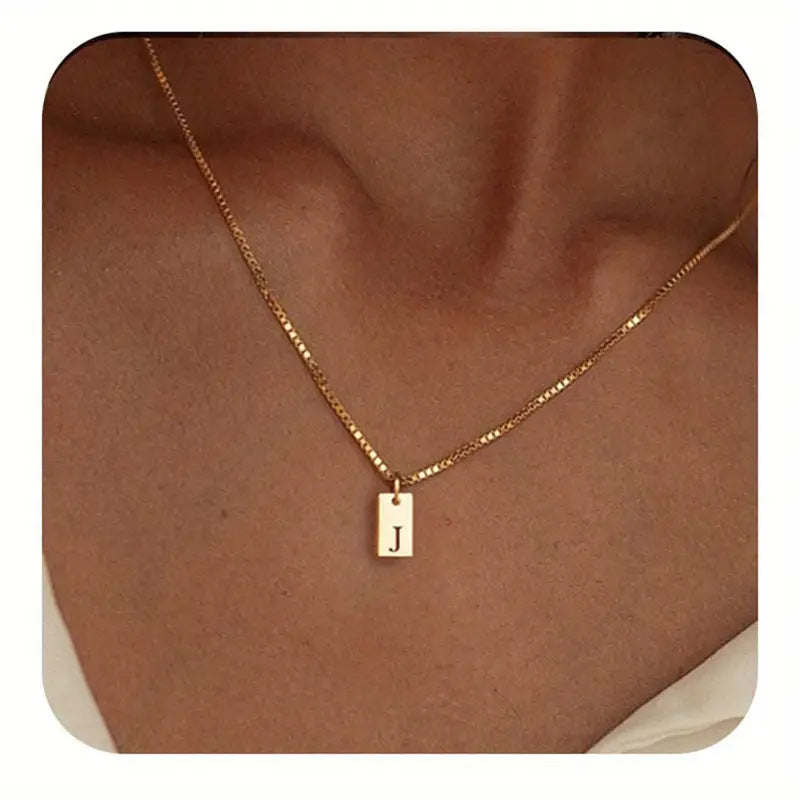 Geometric Metal Carving 26 English Letter Square Pendant Women's Necklace Copper Plated 14K Gold