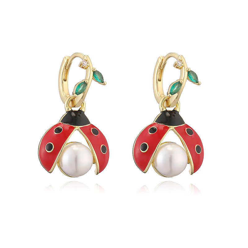 Three dimensional copper inlaid with pearls, colorful seven star ladybug earrings, fresh and sweet mushroom five petal flower ear clasp, ear ring