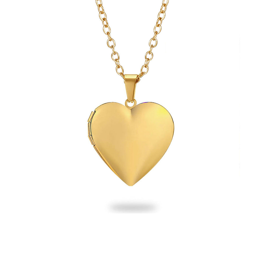 Stainless steel heart-shaped smooth pendant can open photo box, European and American cross-border fashion necklace, women's jewelry