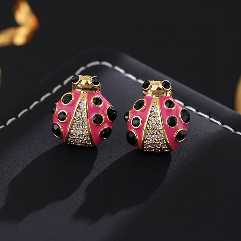 High version genuine gold electroplating+925 silver needle fashionable and compact enamel color glaze ladybug shaped inlaid zircon earrings