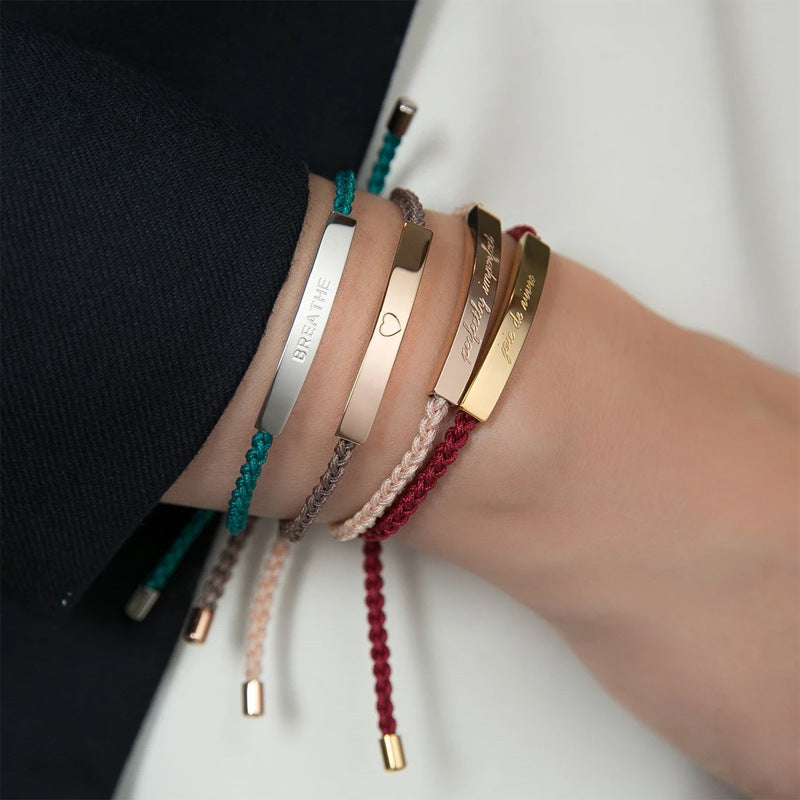 Design sense: titanium steel niche couple bracelet with adjustable braided rope, stainless steel bent tube bracelet, ins with engraved characters