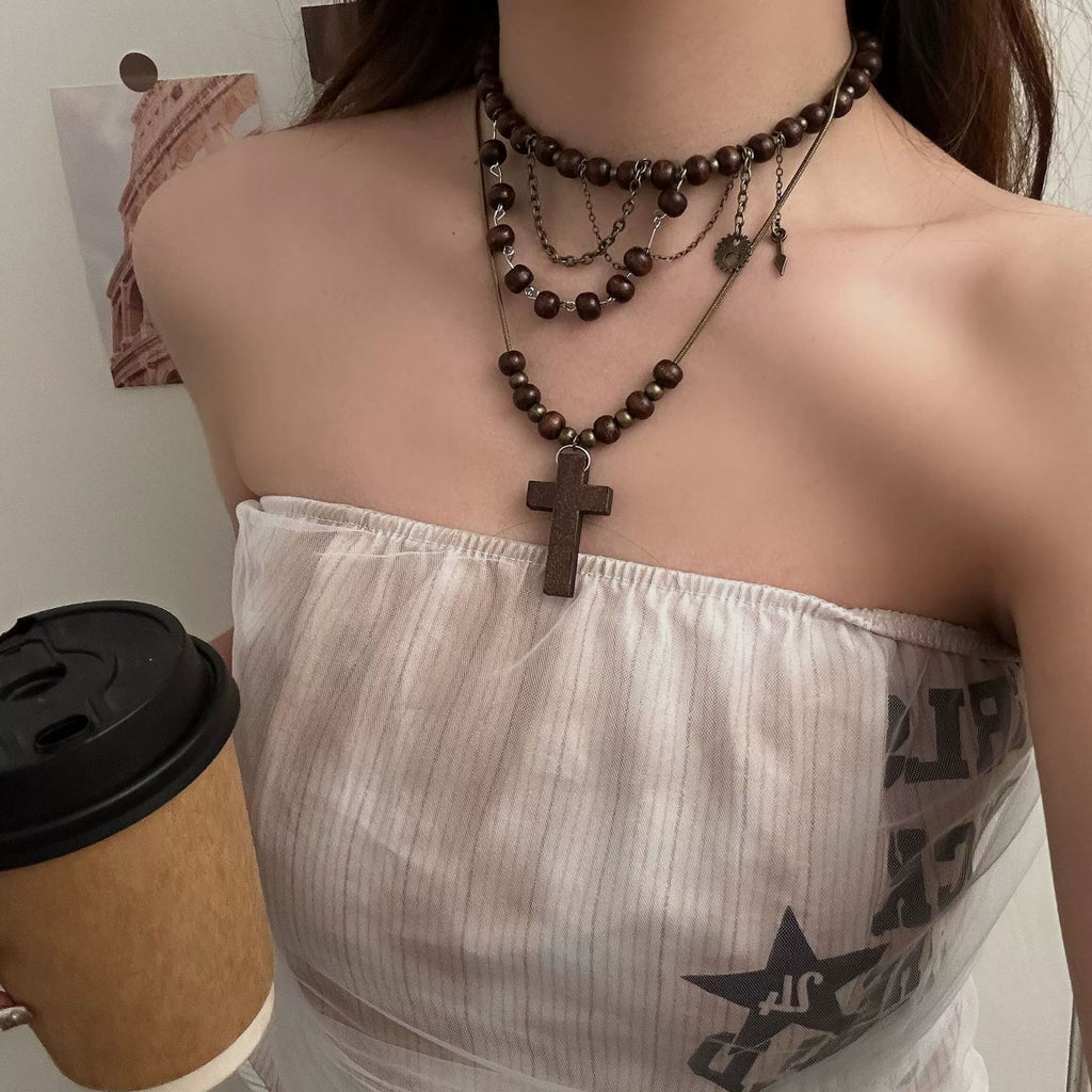 European and American cross heavy industry pearl necklace, dark gothic style multi-layer layered necklace, niche design accessory