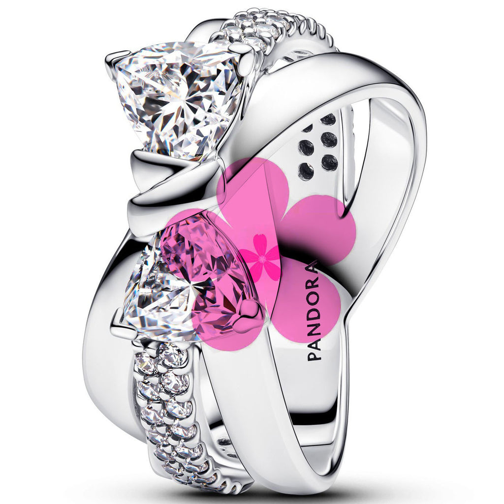 New style white copper plated 925 silver inlaid with diamonds, pink heart-shaped butterfly, simple rose, fashionable ring
