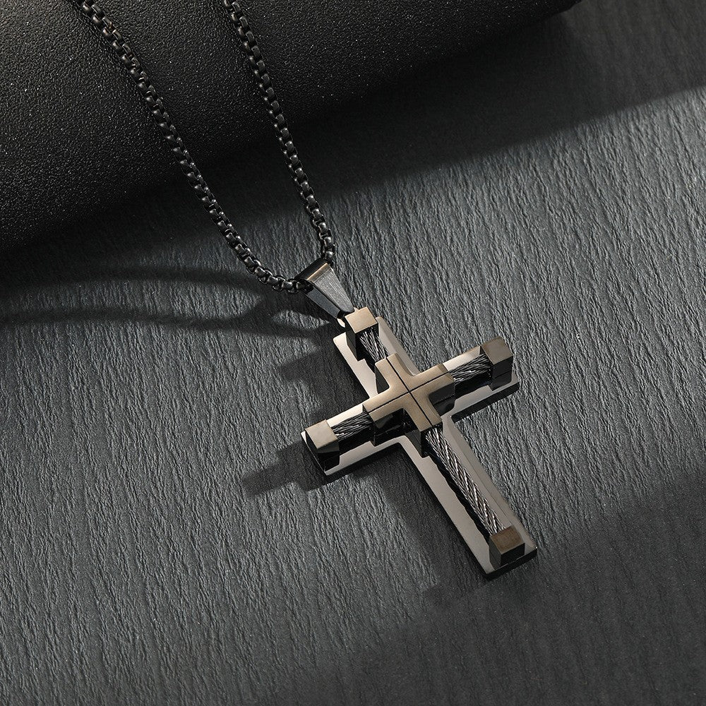 Hot selling stainless steel necklace, men's classic retro accessory necklace, personalized neutral style creative accessory, cross pendant