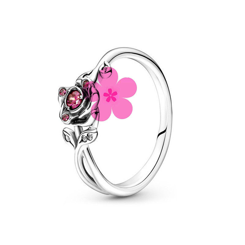 New style white copper plated 925 silver inlaid with diamonds, pink heart-shaped butterfly, simple rose, fashionable ring