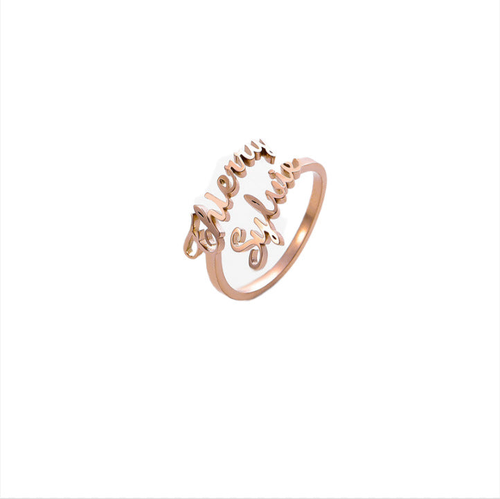 A customized cross-border stainless steel English letter ring with electroplated gold plating, customized name, simple ring design