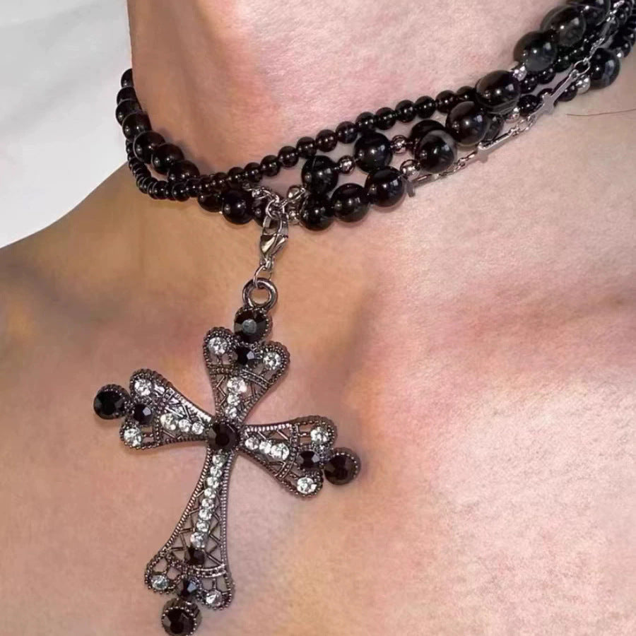 European and American cross heavy industry pearl necklace, dark gothic style multi-layer layered necklace, niche design accessory