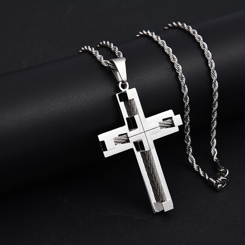 Hot selling stainless steel necklace, men's classic retro accessory necklace, personalized neutral style creative accessory, cross pendant
