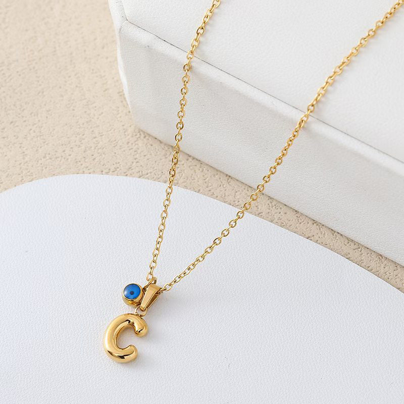 Personalized letter eye necklace, simple stainless steel collarbone chain, English letter pendant